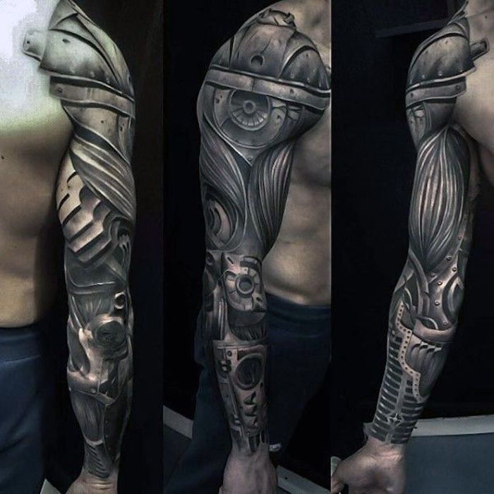 homem de tatuagem de braço, tatuagem de manga preto-cinza com motivo de máquina