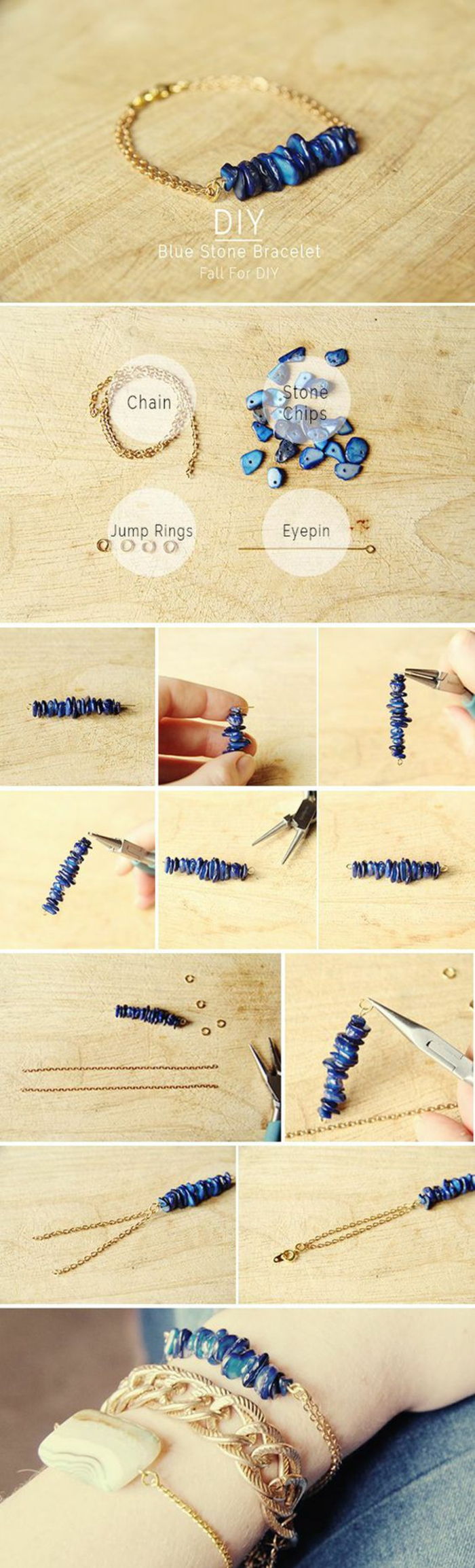 Lag armbånd selv: kjede armbånd laget av lapis lazuli steiner, smykker tang, kjede pin, hoppe ringer