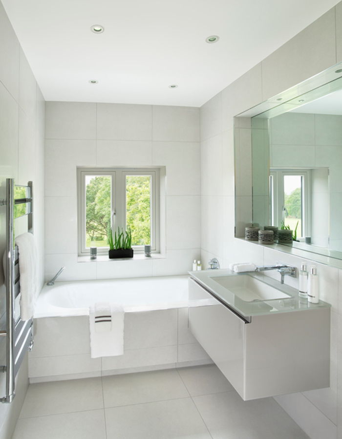 moderne badmøbler, bad i hvitt, bad, vask, speil