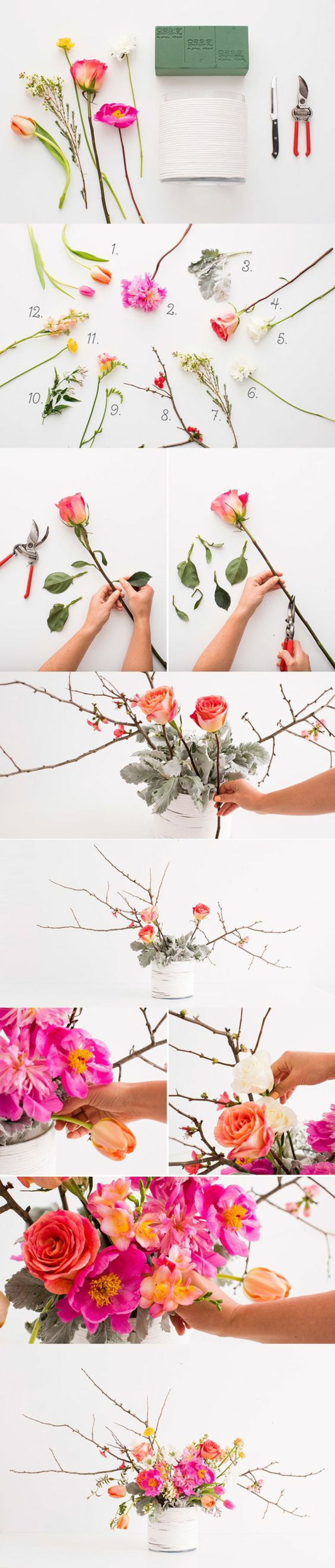 Decorazione primaverile, vaso bianco, fiori rosa, rami, decorazione da tavola
