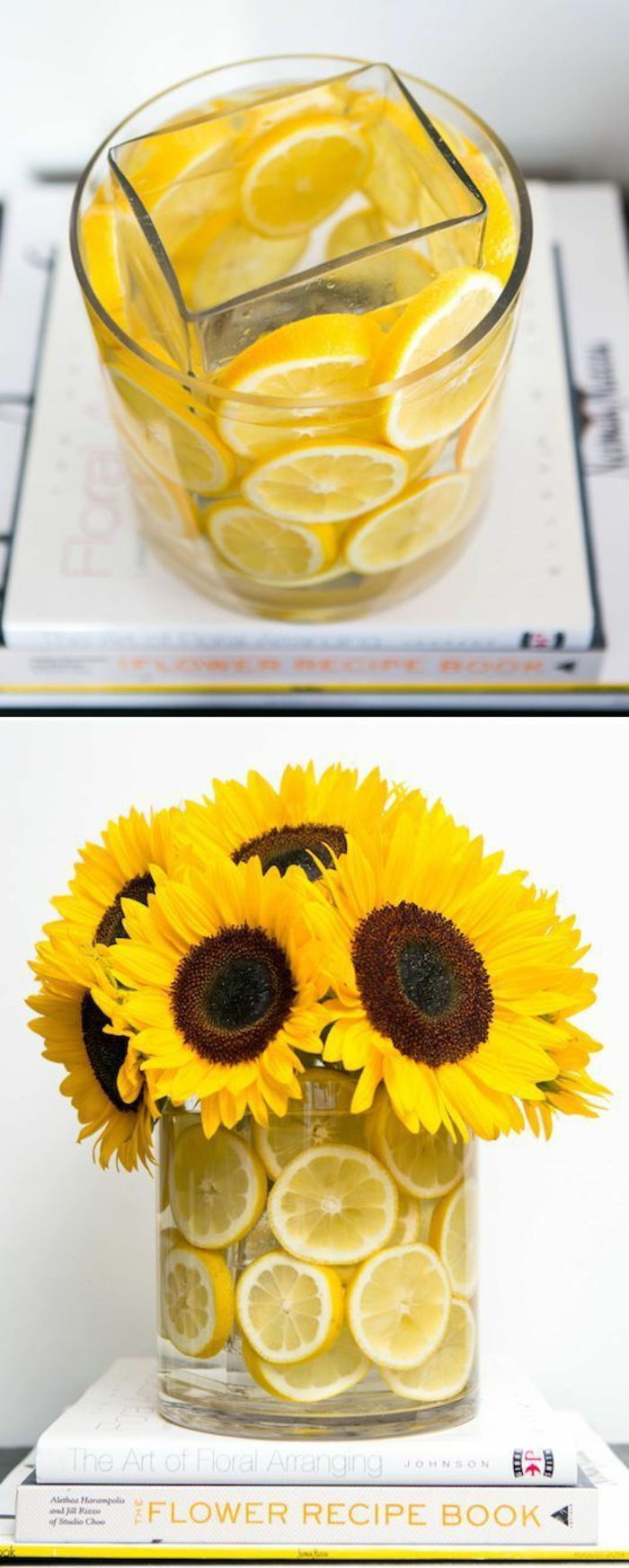 Vaso di vetro decorato con scorza di limone, fiori gialli, girasoli