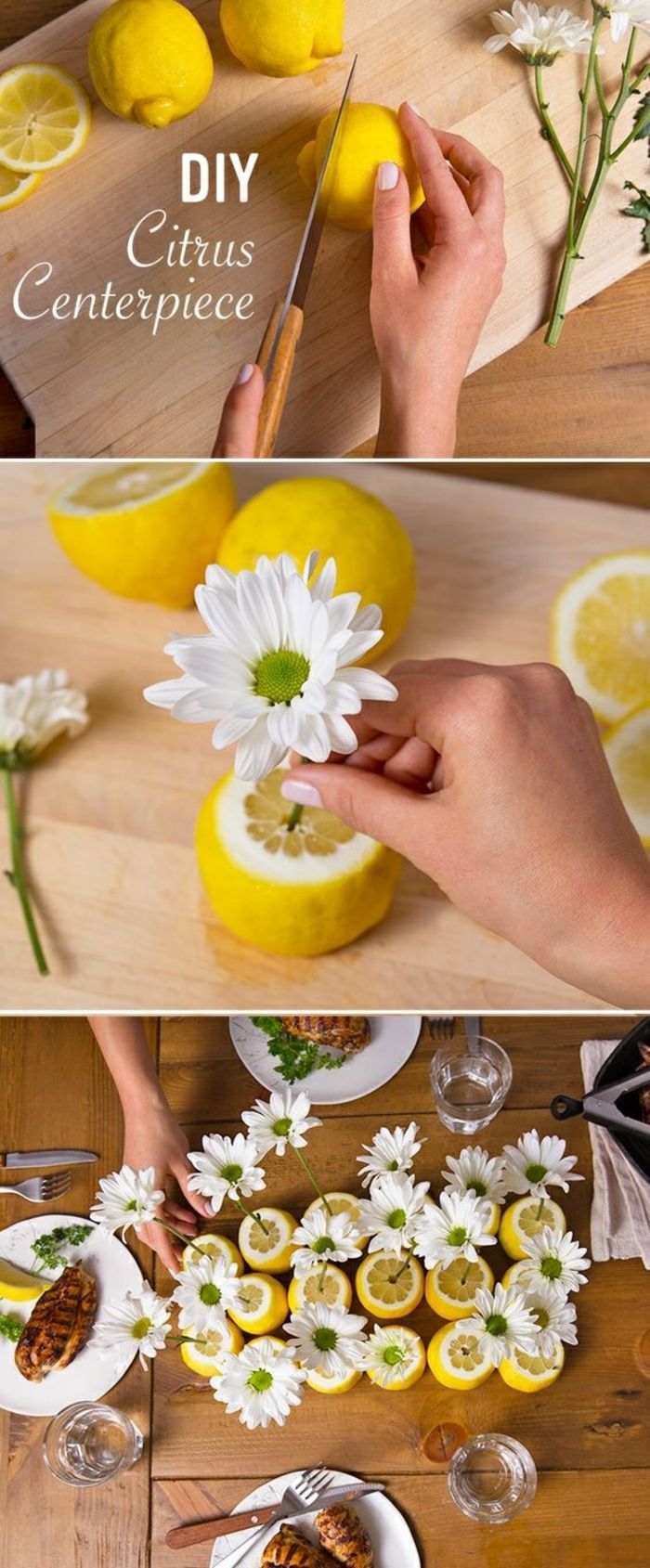 usa i limoni come vasi, fiori bianchi, decorazioni da tavola