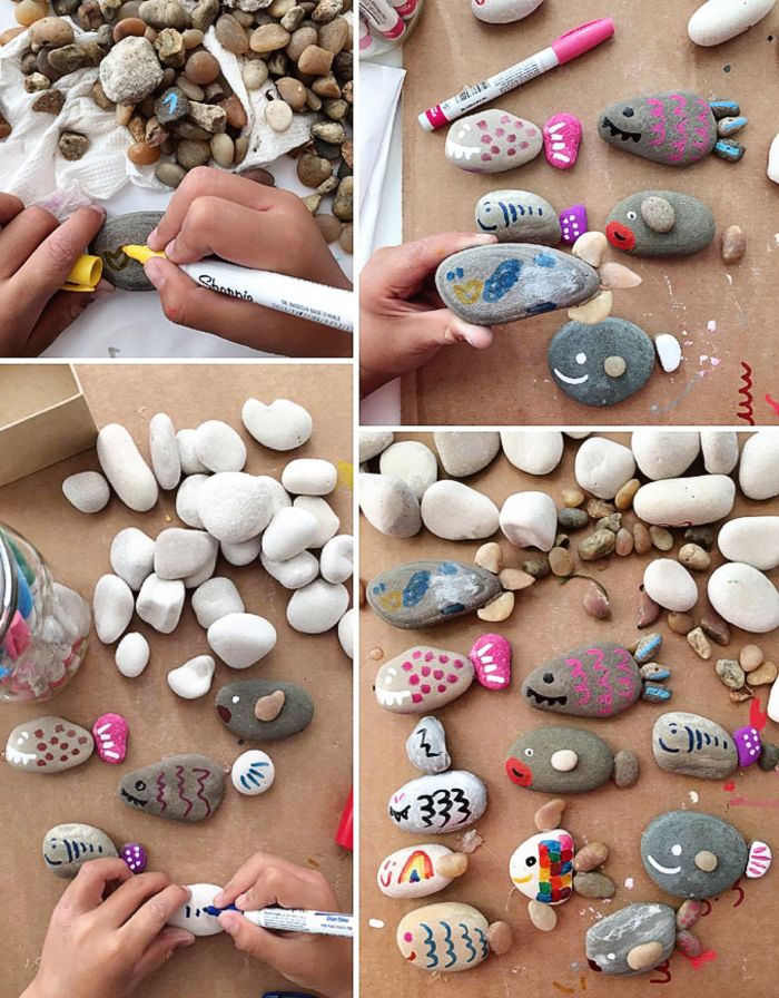 skvelé remeselné nápady pre deti, maľovanie dekoračných kameňov, robiť malé ryby a myši