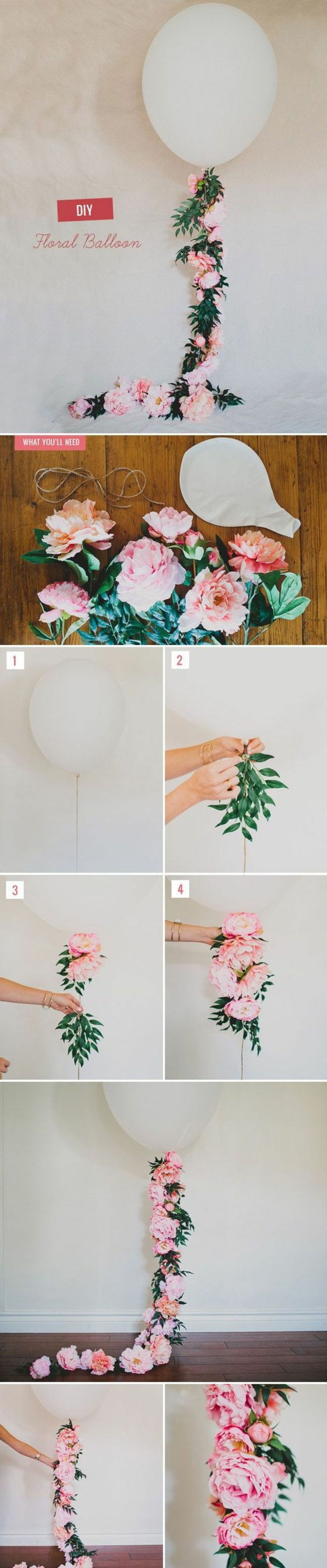 idee artigianali primavera, palloncino bianco, fiori, rami