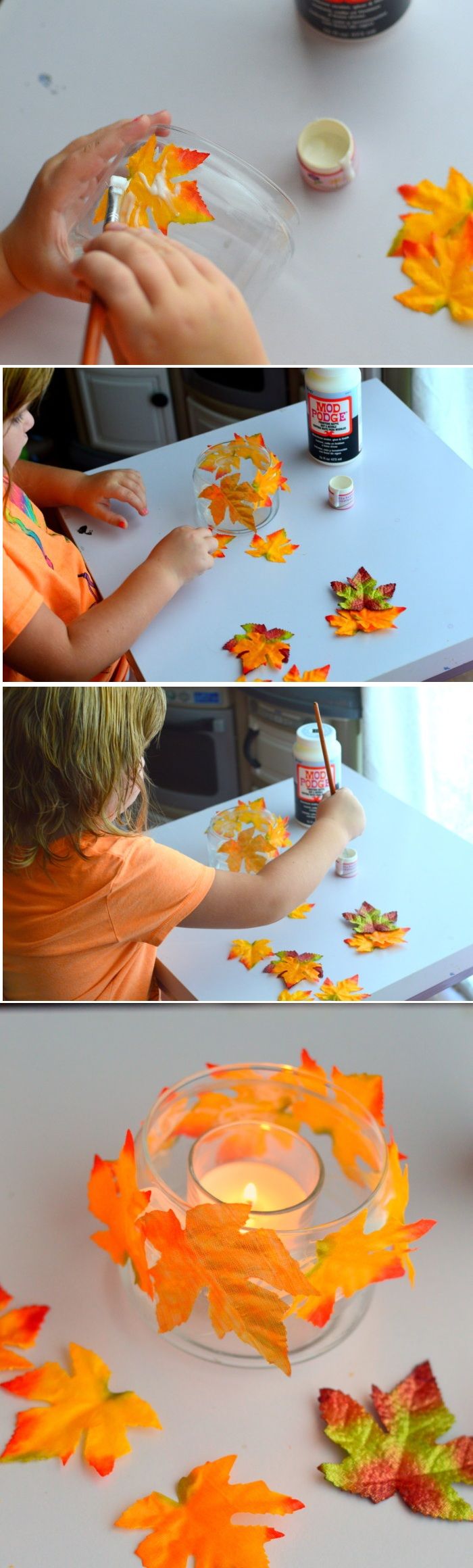 majsterkowanie z dziećmi, szklany świecznik ozdobiony liśćmi, klej, jesienna ozdoba