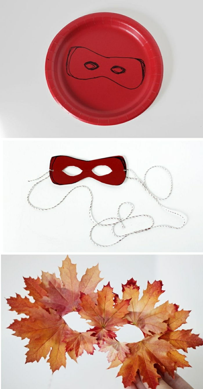 Robiąc maskę papierowych talerzy i jesiennych liści, sznurek, czerwony talerz