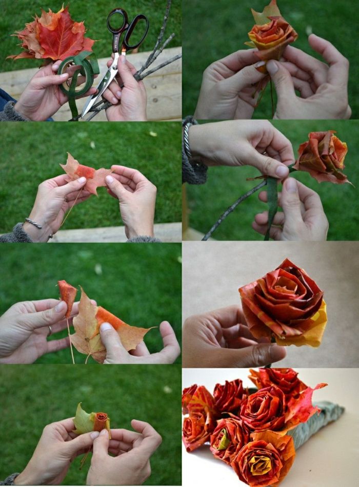Robienie róż z liści drzewa, nożyczki, taśma klejąca, bukiet kwiatów