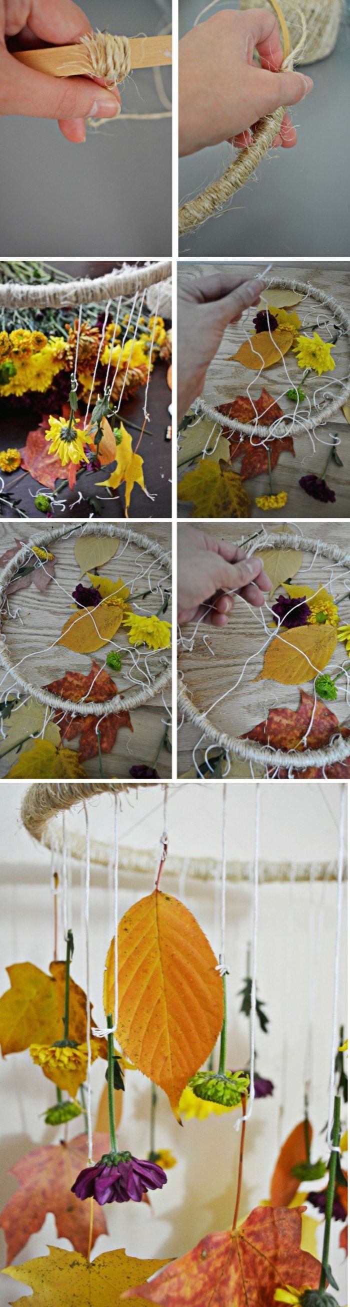 Wykonane z jesienno-jesiennych liści, nićmi i haftem