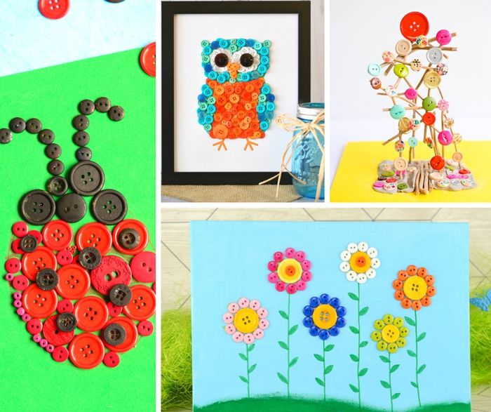 DIY nápady pre deti s farebnými gombíkmi, slunéčkovými kvetmi, kvetmi a orelmi