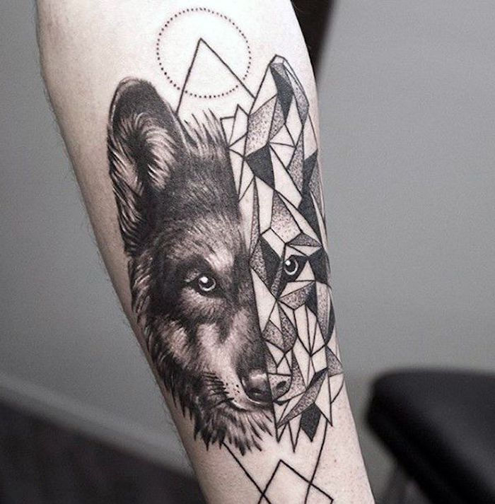 najbardziej popularne tatuaże, głowa wilka z figurami geometrycznymi