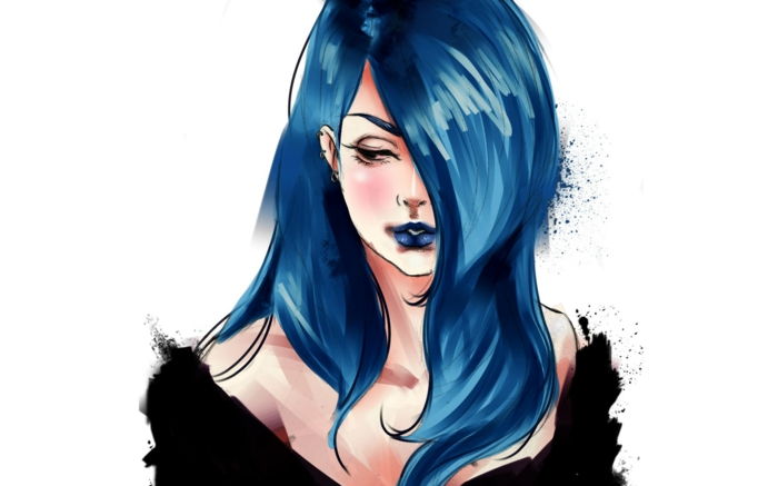 čierne vlasy, obočie a pery, tapety s modrými vlasmi, anime