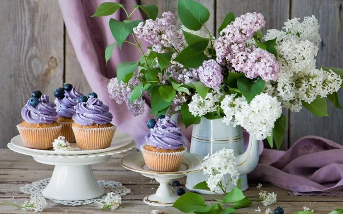 krásne obrázky na pozadí s kvetmi, košíčky s fialovým krémom a čučoriedkami, lila v porcelánovej váze