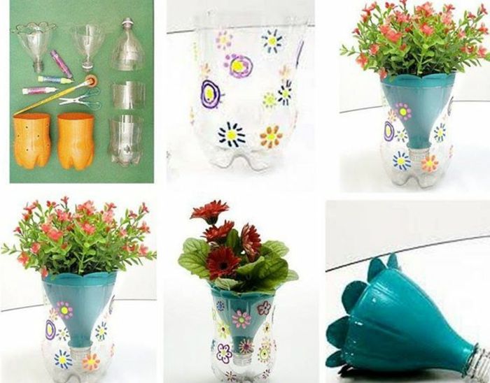 blomkrukor målade krukor plastflaskor intressanta designidéer med blommor design blå design
