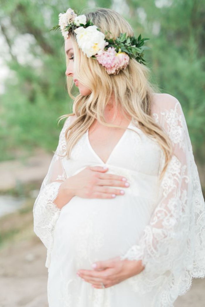 svadobné šaty pre tehotné ženy, dlhé rukávy z čipky, kvetinový venček