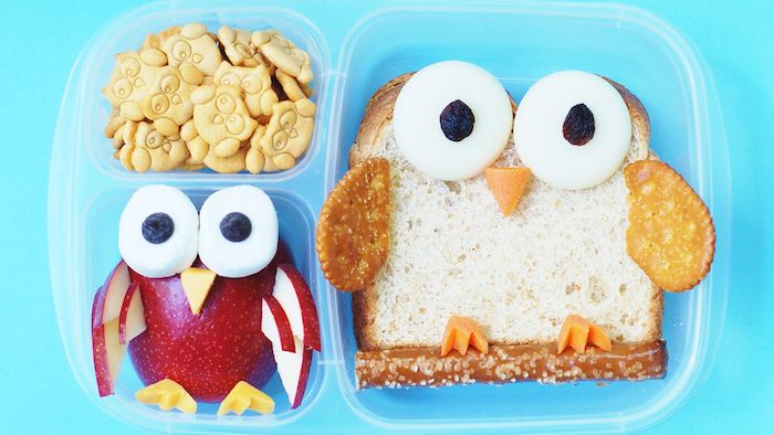 Üç alt bölüm, küçük baykuş bisküvi, kırmızı elma elma cetveli, hatmi gözü ve mango gagası ile öğle yemeği kutusu