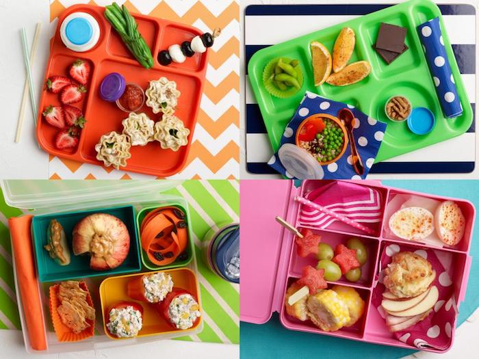 fire ideer til lunsjboks for barn, stripede duker, fargede servietter med prikker