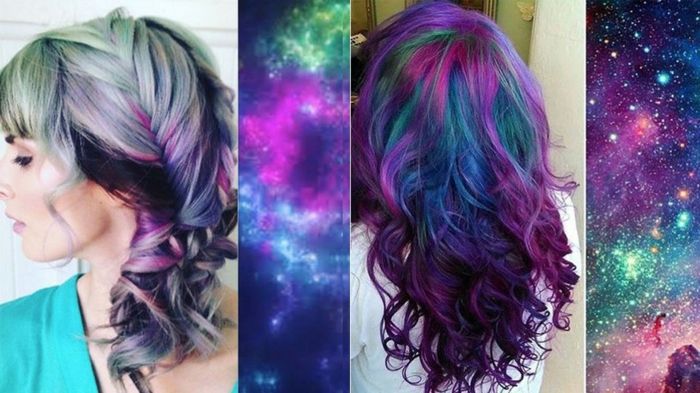 Galaxy Hair är den nya trenden, håret i universums färger, askblondin med gröna reflektioner, mörklila och blå längder, tapeter med universalmönster, mörkt hårfärg i galaxfärgerna, bakgrundsbilder med utrymmet