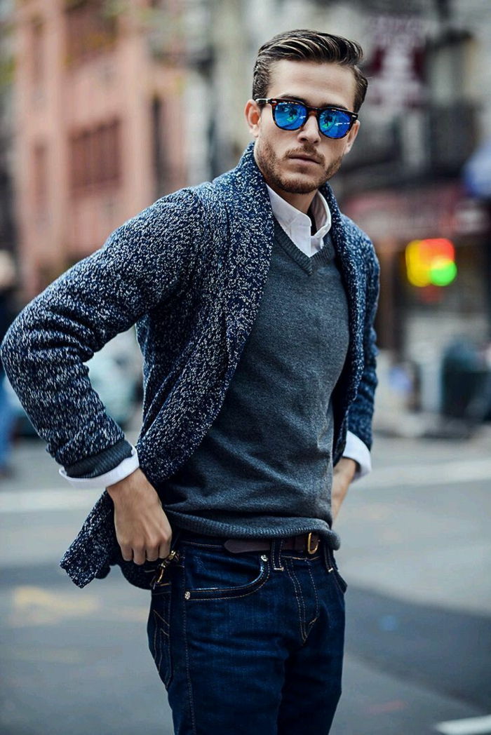 varför bära en kappa och blazer om du kan se bra ut i en kofta glasögon jeans affärsman
