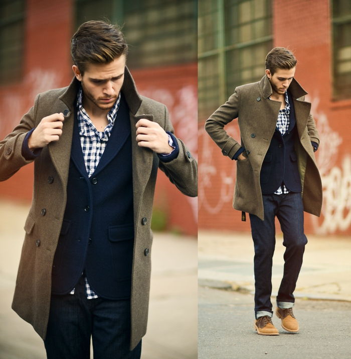 elegantný atraktívny a trendy oblečený muž košele sveter džínsy clarks kabát účes