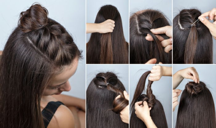 Fishtailowa fryzura dla długich prostych włosów z małą bułeczką, przypięte do połowy włosów