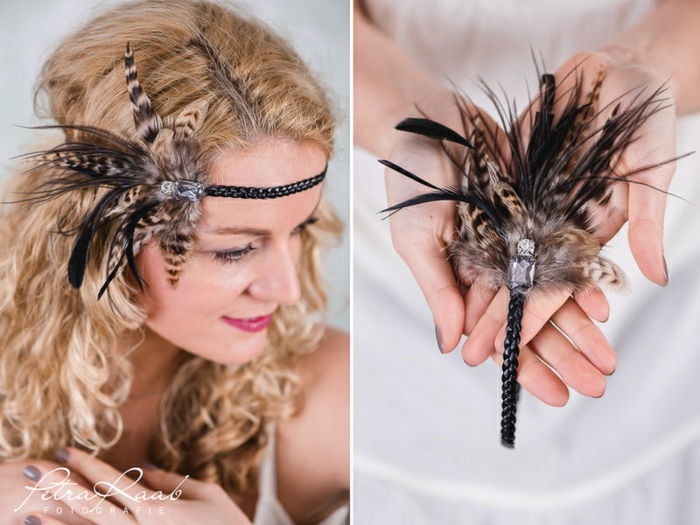 ekstravagantna ženska frizura za dolge curly las z lasnim okrasom s perjem, trak za lase s perjem