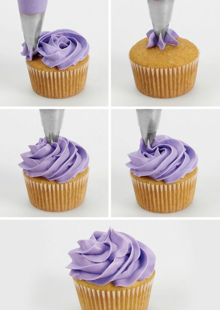 Versier de cupcake met paarse siroop met paarse room