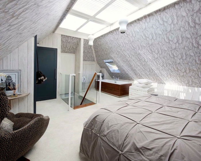 loftet ide grå sengeteppet sengemøbler vegg design ideer trapper