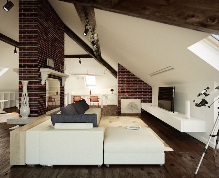 flate dekorative ideer stue i hvit og brun sofa stor TV vaser dekorasjon