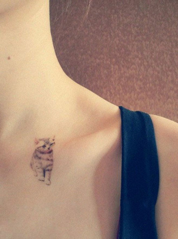 jeden z naszych ulubionych pomysłów na mały tatuaż z szarym kotem - kobieta z tatuażem kota