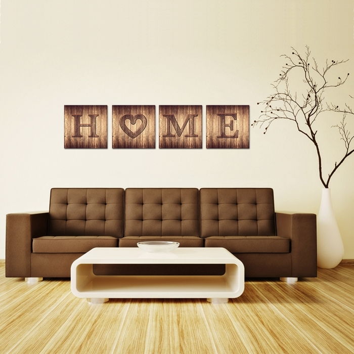 les deko ideje zid design lesene slike kavč miza subtilna oblika prostora preproste barve
