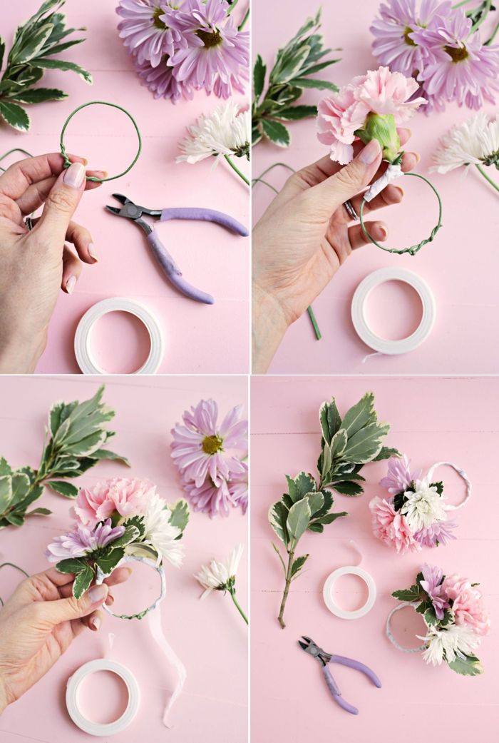 servetėlės ​​žiedai pagaminti iš vielos, gėlės ir juostos