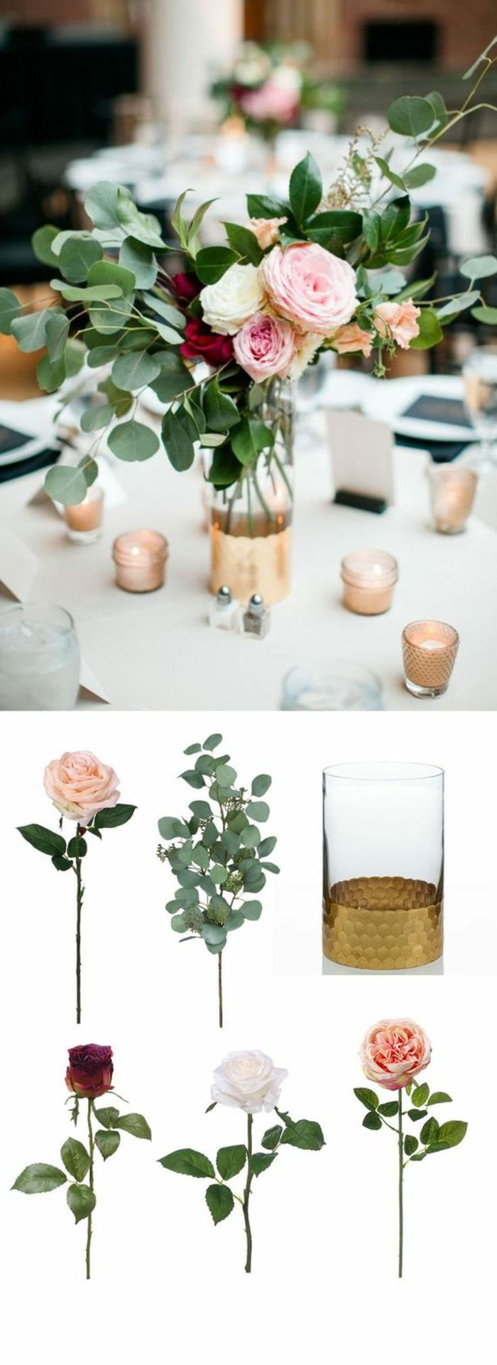 şenlikli masa dekorasyonu, altın rengi, güllerle süslenmiş cam vazolar