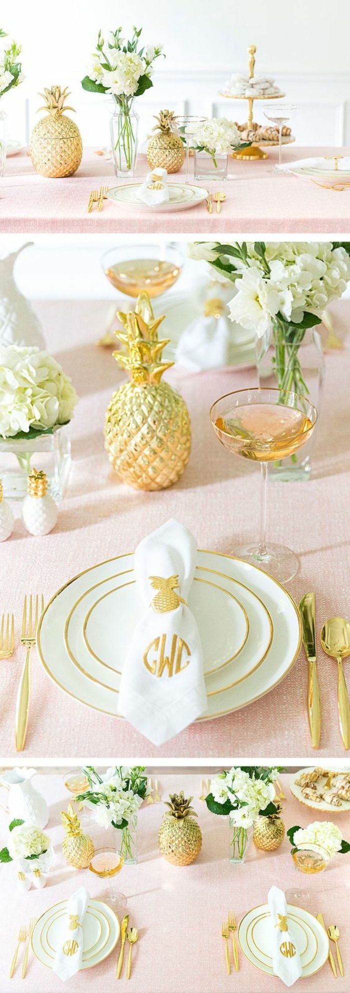 šventinė stalo apdaila, stalių apdaila rožinė, balta ir auksinė, ananasai, auksiniai stalo įrankiai