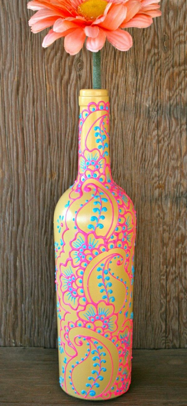dekoratyvinis vyno butelis vaza gėlių chna Auksinė Mėlyna Rožinė
