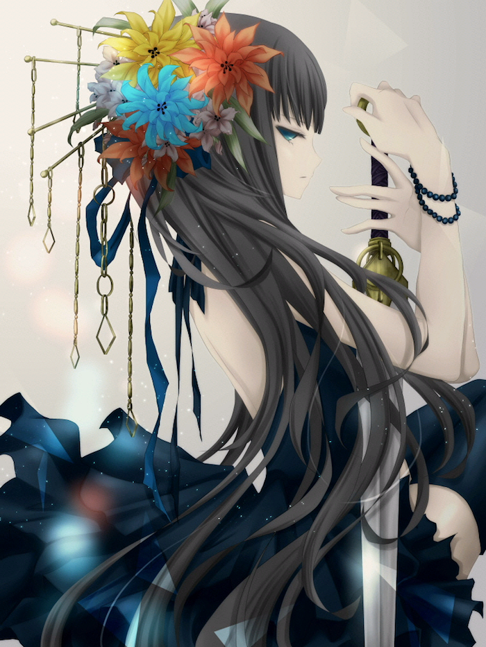lepa deklica s cvetno glavo, modre oči, črna obleka