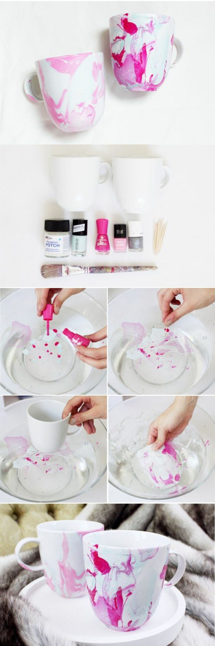 zdobenie šálky bieleho čaju s ružovým lak na nechty, sklenená misa, voda