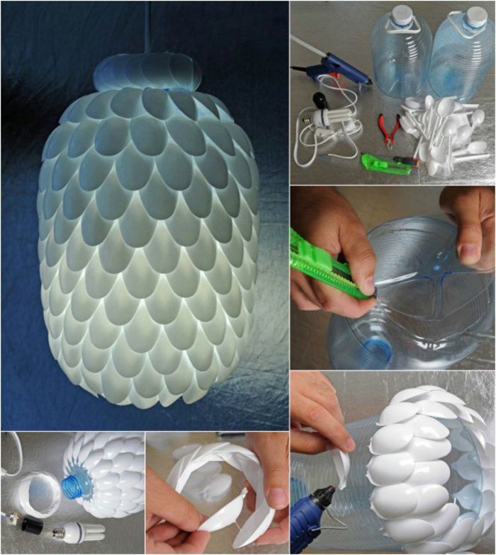 Maak zelf een lamp van plastic lepeltjes en een plastic fles, creatieve DIY-ideeën om te imiteren