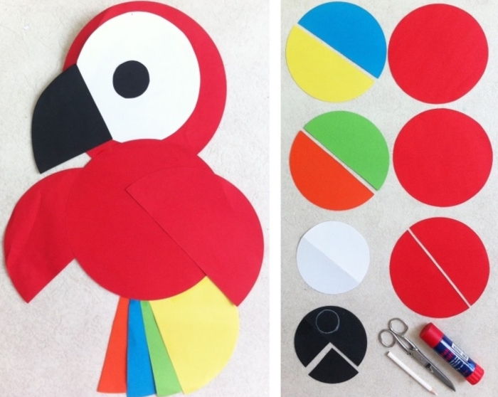 DIY projekty pre deti na výrobu, papierový papagáj, materiály: papier, nožnice, lepidlo, ceruzka