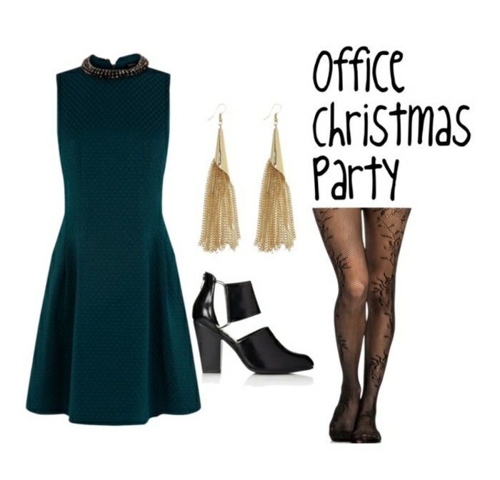 apsirengimo kodas šventinė elegantiška Kalėdų vakarėlis biure idėjos žalia suknelė auksiniai auskarai kulniukai