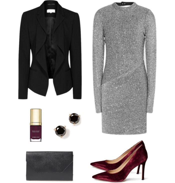vestido de código de vestimenta festivo prata vestido sparkly diamantes negros brincos blazer sapatos vermelhos