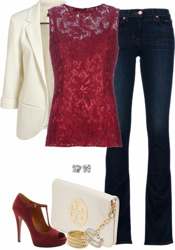 código de vestimenta casual para uma festa no escritório jeans blusa de renda vermelha blazer branco sapatos vermelhos saco branco