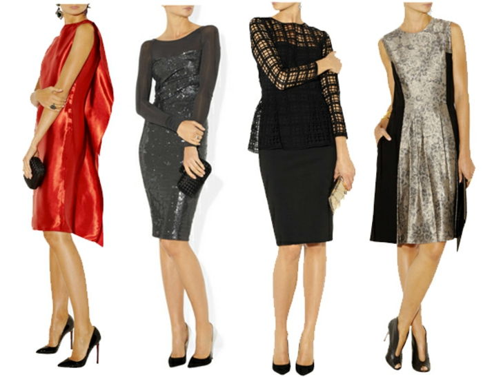 Aprangos kodas moterys dėvi suknelės modelių ir spalvų idėjos keturi pavyzdžiai raudona pilka juoda auksinė