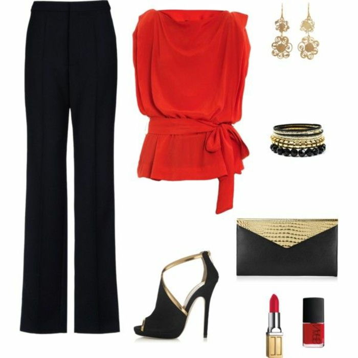 Obliekanie šaty strana ženy štýlové objaví čierne nohavice červené top čierne zlaté doplnky