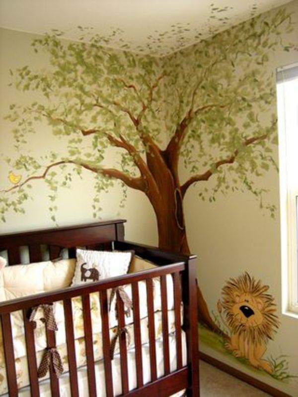 vacker djungel-barnkammare-baby-säng-vackra-vägg-design