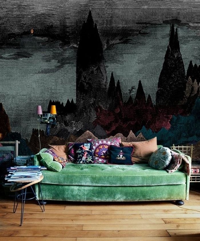 Dark-quarto sofá verde almofadas Boho
