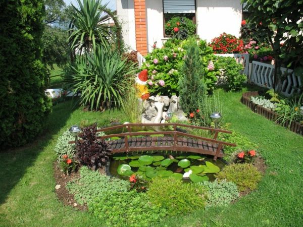 plante decorative și pod mic în grădină