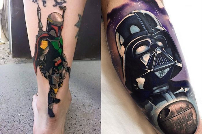 tetovanie hviezdnych vojen - noha s tetovaním s čiernym darth vaderom a fialovou oblohou s hviezdami