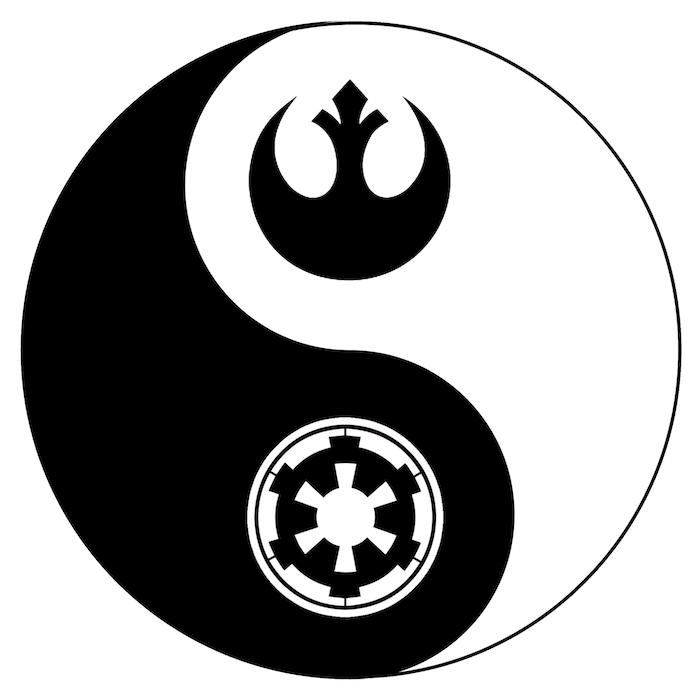 yin a yang - myšlienka čiernej a bielej hviezdy wars tetovanie s logami dvoch hviezdnych vojen - s čiernou a bielou hviezdnou vesmírnou loďou