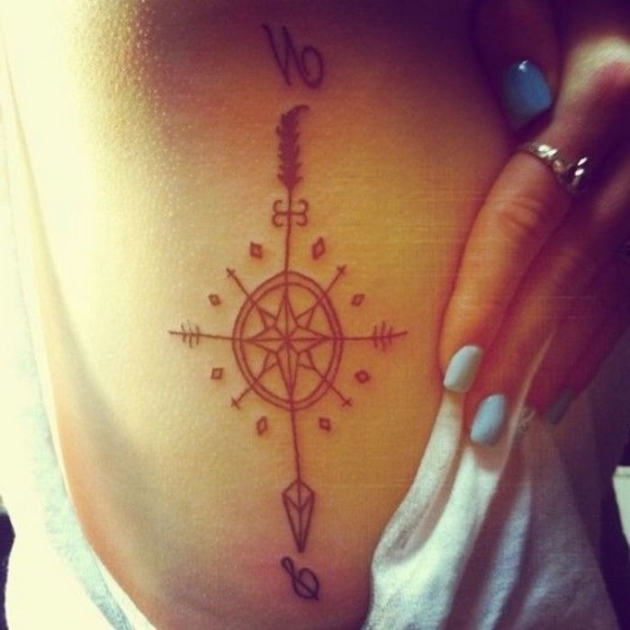 Dette er en av våre gode ideer for en svart tatovering med et svart kompass - en kvinne med en tatovering og en blå neglelakk