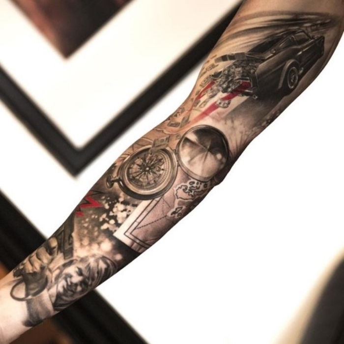 Nu visar vi dig en av våra idéer för en svart stor tatuering med en stor kompass, en kvinna och en våg
